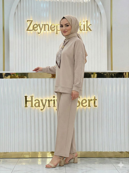 Fularlı Pantolonlu İkili Takım 2044